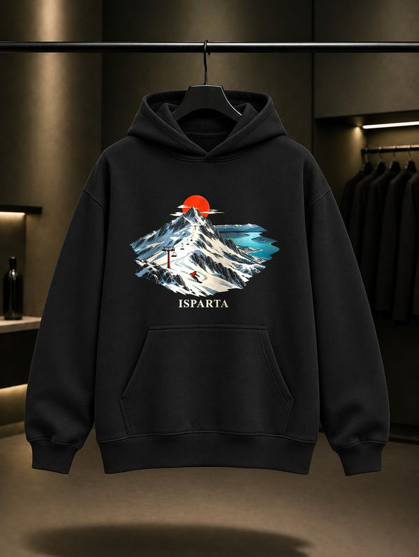 Isparta Davraz Dağı baskılı siyah kapüşonlu sweatshirt