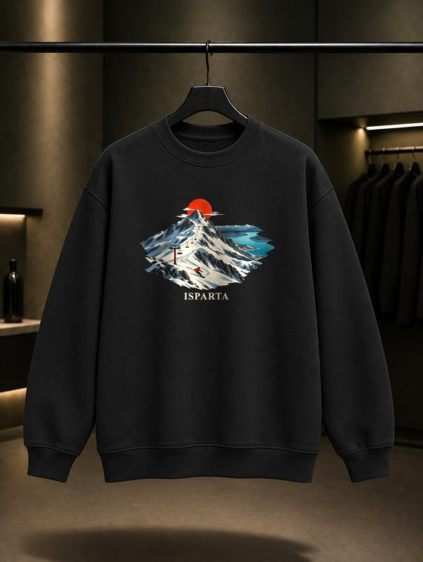 Isparta Davraz Dağı baskılı siyah sweatshirt