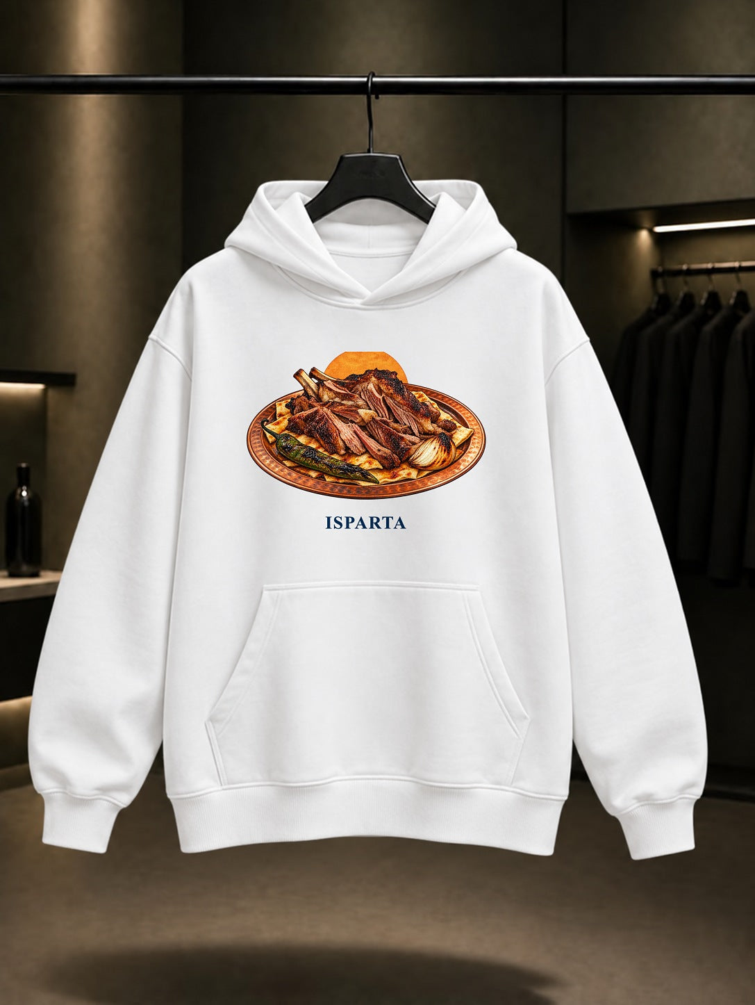 Isparta Fırın Kebabı baskılı beyaz kapüşonlu sweatshirt