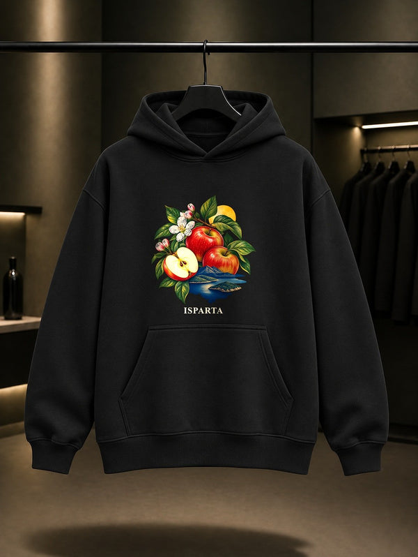 Isparta Eğirdir Elması baskılı siyah kapüşonlu sweatshirt