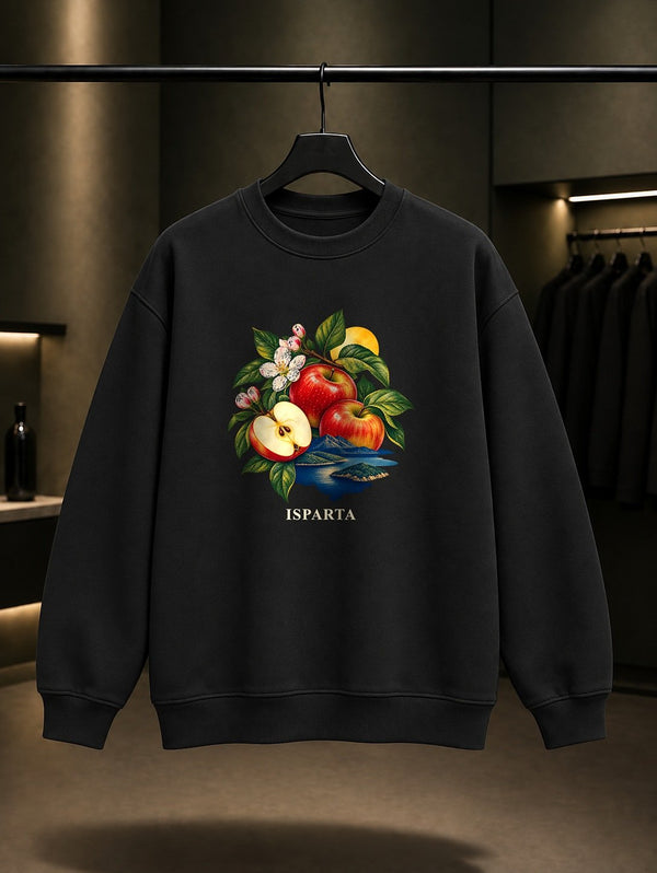 Isparta Eğirdir Elması baskılı siyah sweatshirt