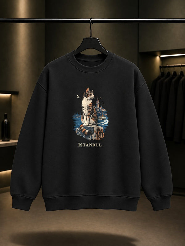 İstanbul Sokak Kedisi baskılı siyah sweatshirt