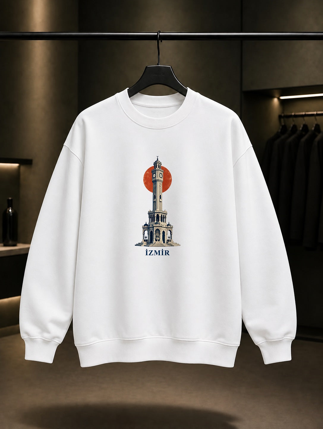 İzmir Saat Kulesi baskılı beyaz sweatshirt