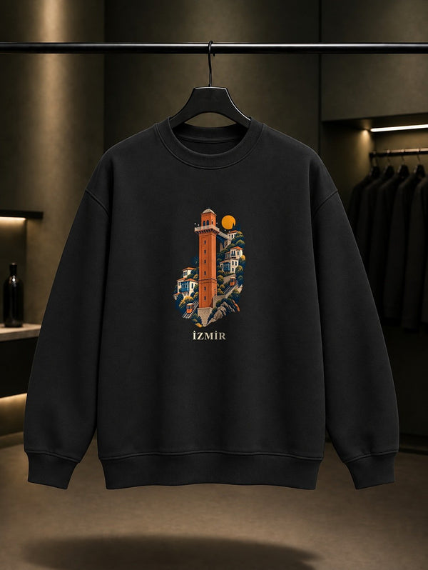 İzmir Tarihi Asansör baskılı siyah sweatshirt