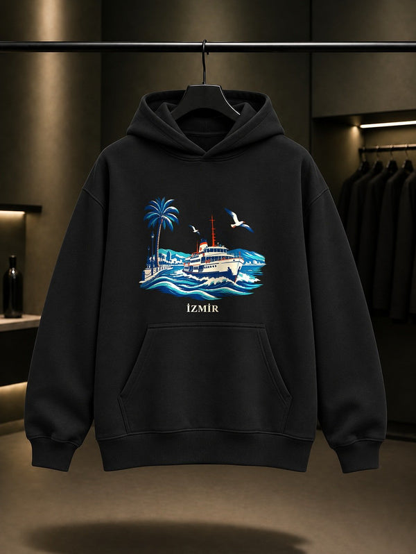 İzmir Kordon Vapur baskılı siyah kapüşonlu sweatshirt