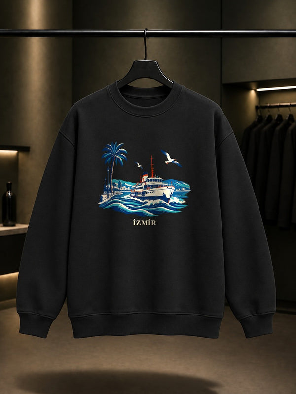 İzmir Kordon Vapur baskılı siyah sweatshirt