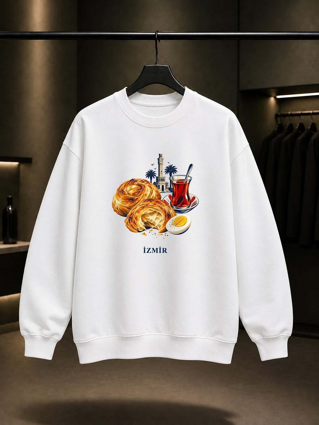 İzmir Boyoz Çay baskılı beyaz sweatshirt