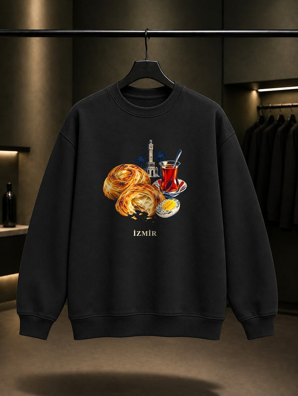 İzmir Boyoz Çay baskılı siyah sweatshirt