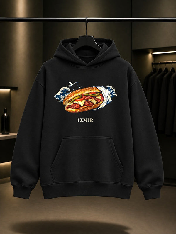 İzmir Kumru baskılı siyah kapüşonlu sweatshirt