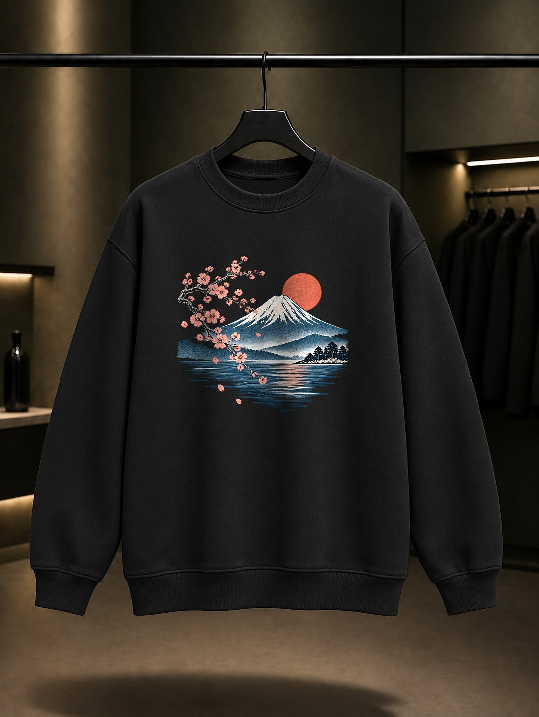 Fuji Dağı ve Sakura Baskılı Unisex %100 Pamuk Sweatshirt · Japon Motifi