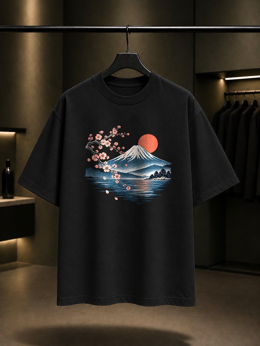 Fuji Dağı ve Sakura Baskılı Unisex %100 Pamuk Tişört · Japon Motifi