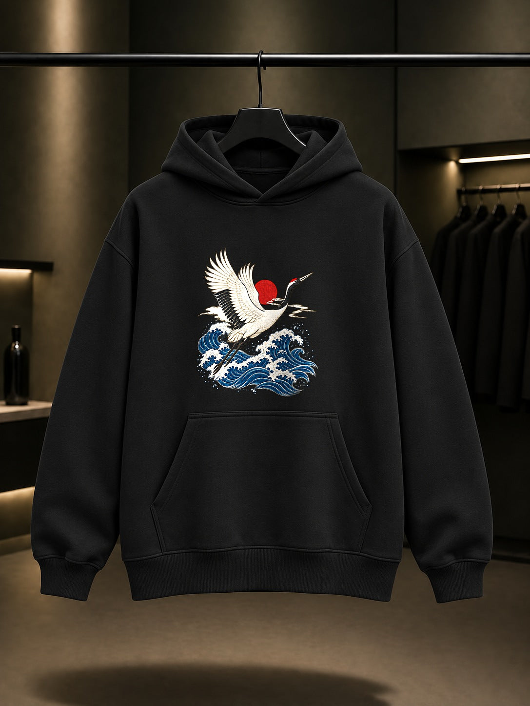 Dalga ve Turna Baskılı Unisex %100 Pamuk Kapüşonlu Sweatshirt · Japon Motifi