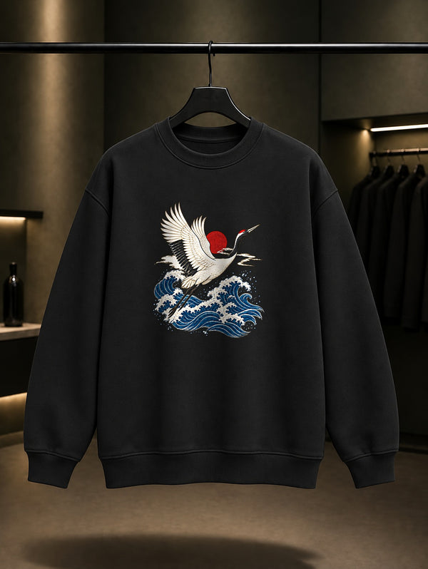 Dalga ve Turna Baskılı Unisex %100 Pamuk Sweatshirt · Japon Motifi