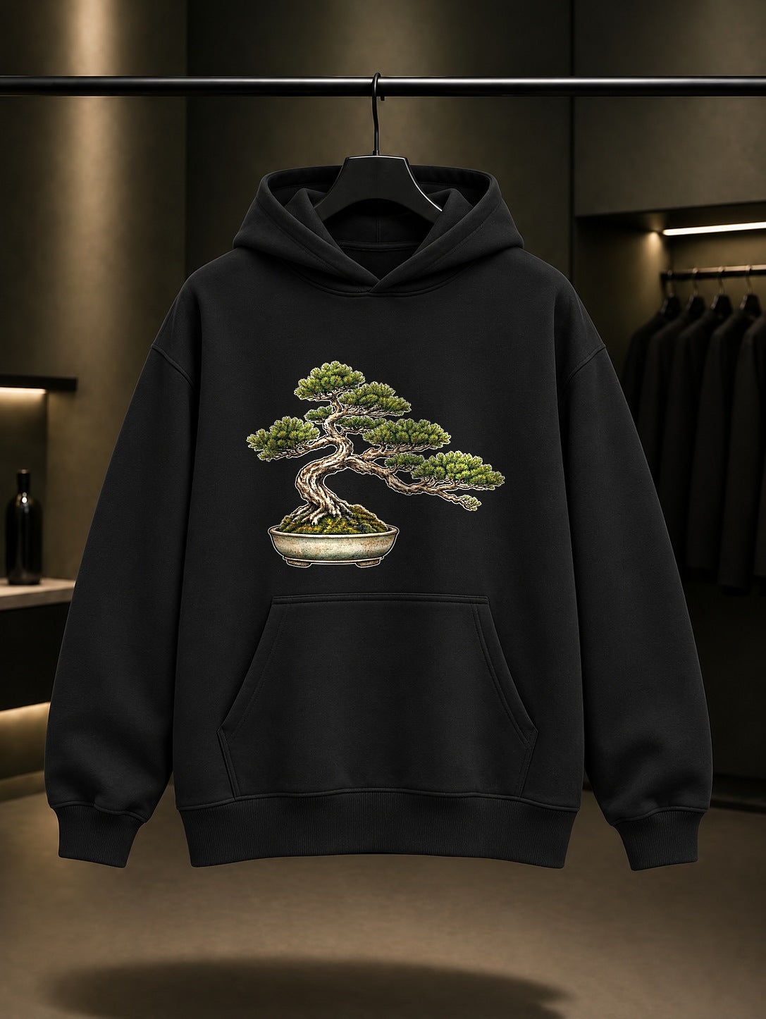 Mini Bonsai Baskılı Unisex %100 Pamuk Kapüşonlu Sweatshirt · Japon Motifi