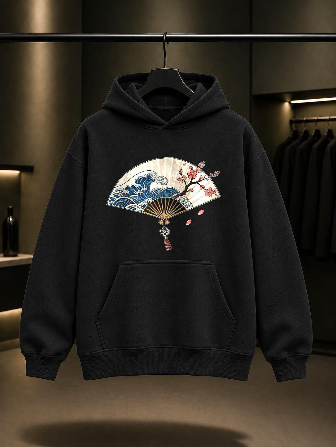 Mini Yelpaze Baskılı Unisex %100 Pamuk Kapüşonlu Sweatshirt · Japon Motifi