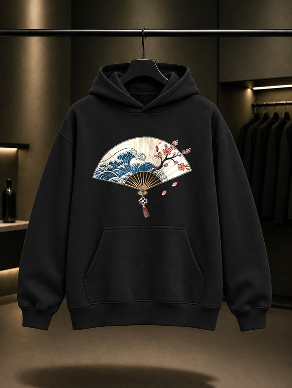 Mini Yelpaze Baskılı Unisex %100 Pamuk Kapüşonlu Sweatshirt · Japon Motifi