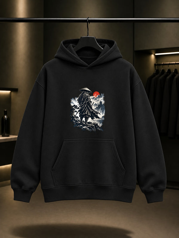 Yağmurda Ronin Baskılı Unisex %100 Pamuk Kapüşonlu Sweatshirt · Japon Motifi