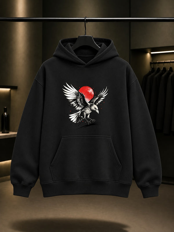 Karga Baskılı Unisex %100 Pamuk Kapüşonlu Sweatshirt · Japon Motifi