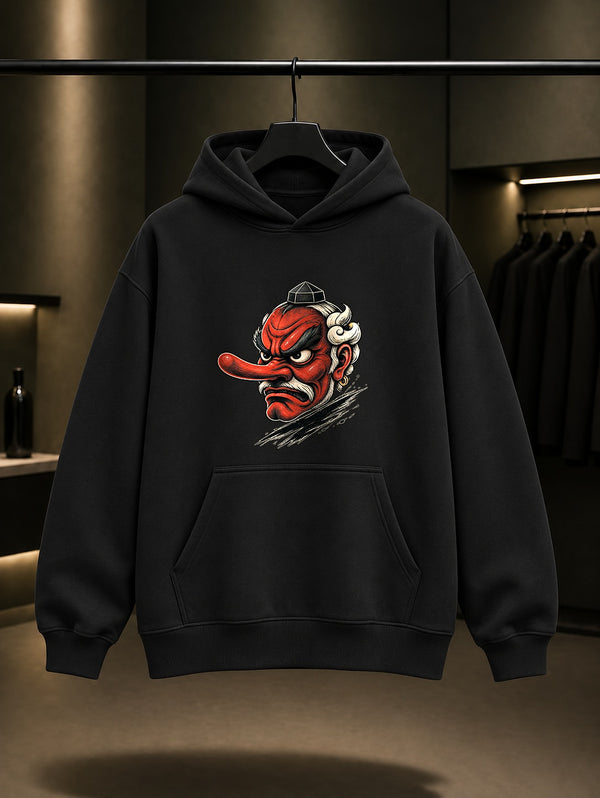 Tengu Maskesi Baskılı Unisex %100 Pamuk Kapüşonlu Sweatshirt · Japon Motifi