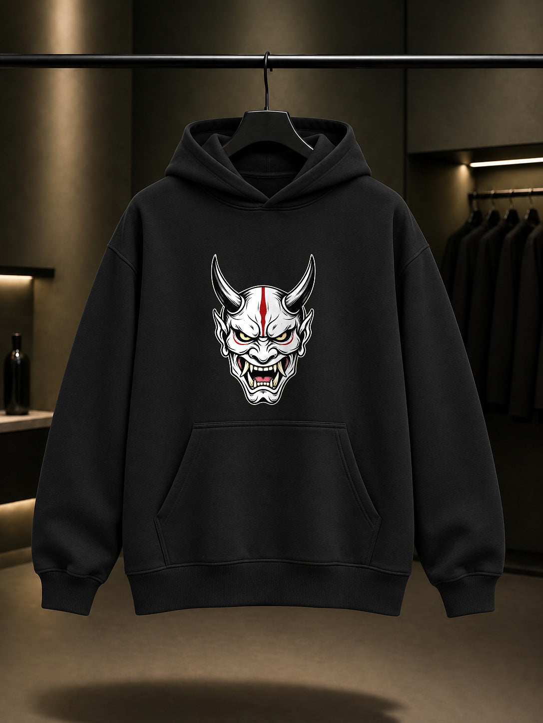 Mini Oni Maskesi Baskılı Unisex %100 Pamuk Kapüşonlu Sweatshirt · Japon Motifi