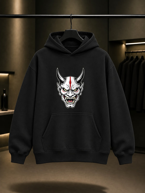 Mini Oni Maskesi Baskılı Unisex %100 Pamuk Kapüşonlu Sweatshirt · Japon Motifi