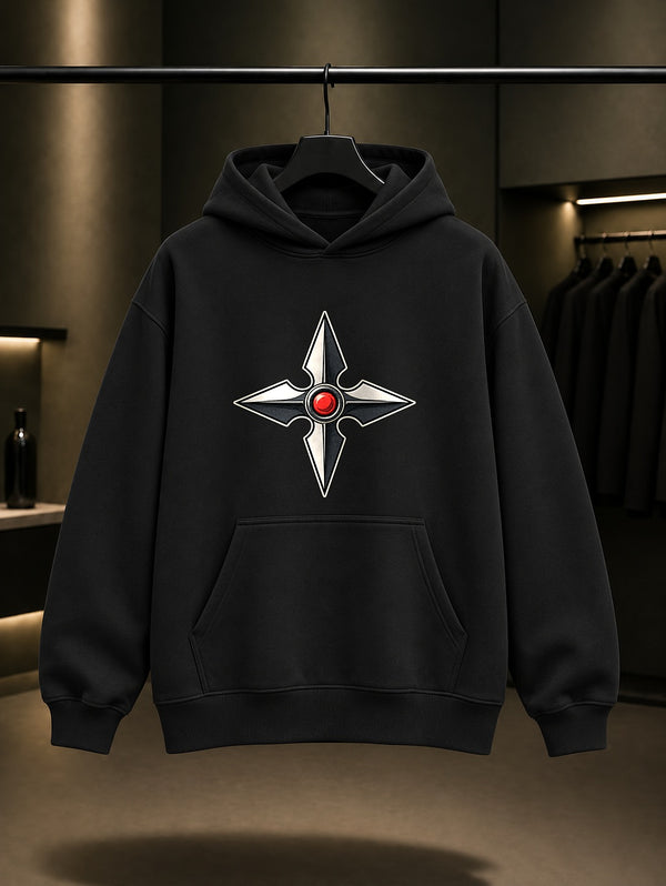 Mini Shuriken Baskılı Unisex %100 Pamuk Kapüşonlu Sweatshirt · Japon Motifi