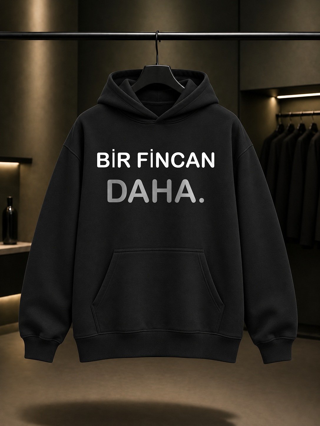 Bir Fincan Daha Yazılı Baskılı Unisex %100 Pamuk Kapüşonlu Sweatshirt — Siyah
