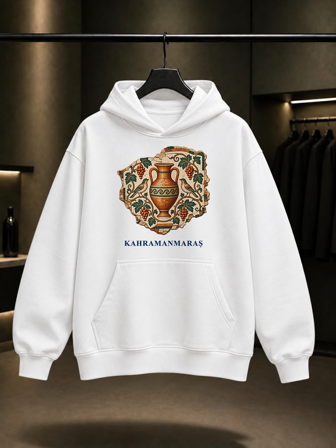Kahramanmaraş Germanicia Mozaiği baskılı beyaz kapüşonlu sweatshirt