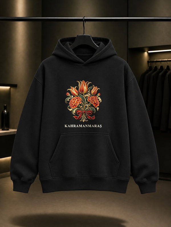 Kahramanmaraş Sim Sırma baskılı siyah kapüşonlu sweatshirt