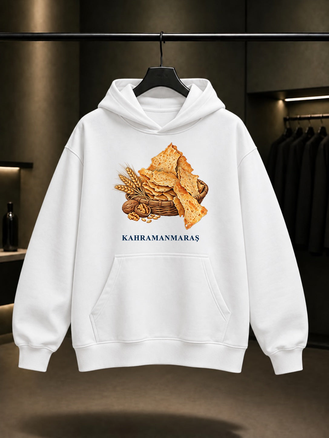 Kahramanmaraş Maraş Tarhanası baskılı beyaz kapüşonlu sweatshirt