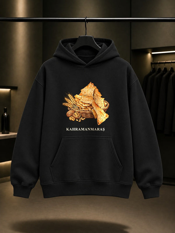 Kahramanmaraş Maraş Tarhanası baskılı siyah kapüşonlu sweatshirt