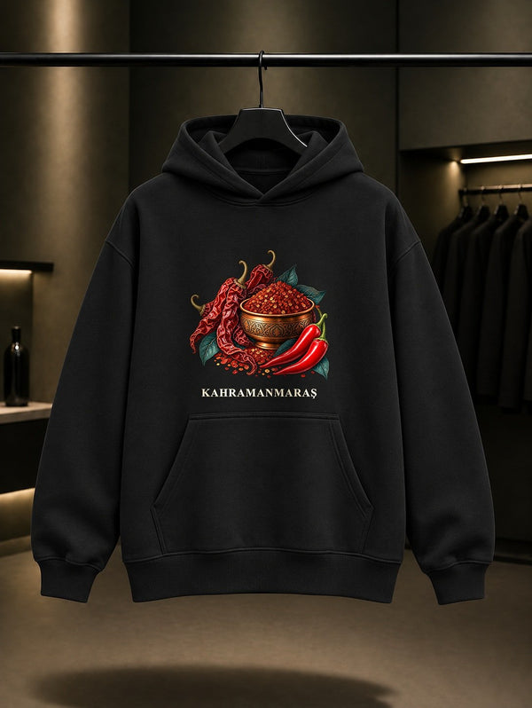 Kahramanmaraş Maraş Biberi baskılı siyah kapüşonlu sweatshirt