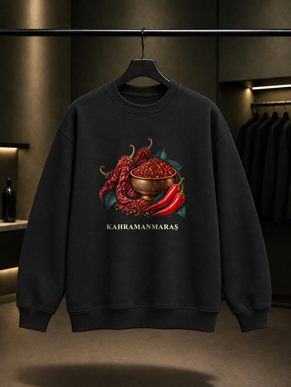 Kahramanmaraş Maraş Biberi baskılı siyah sweatshirt