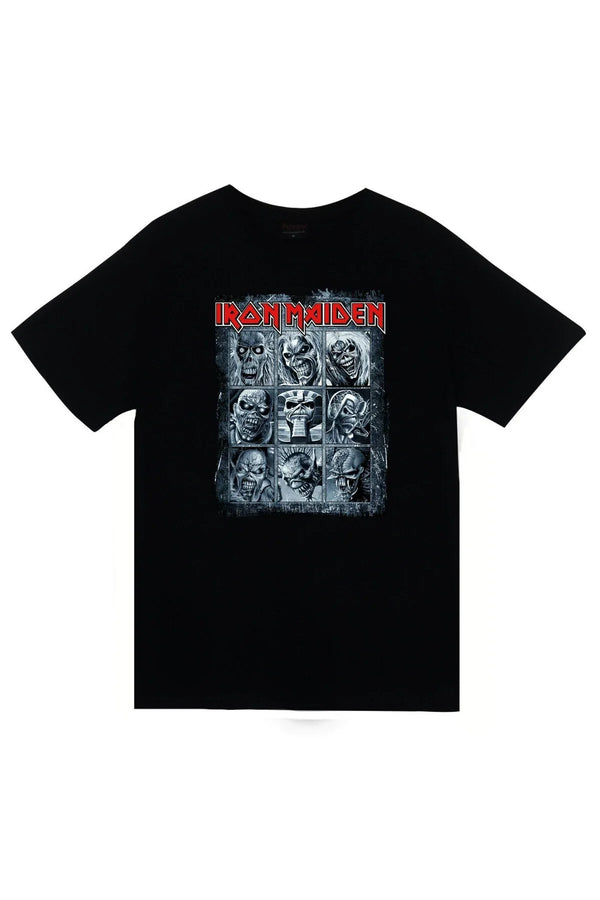 Iron Maiden - Müzik Grubu Maskot yüzlerinden oluşan ızgara baskılı siyah tişört