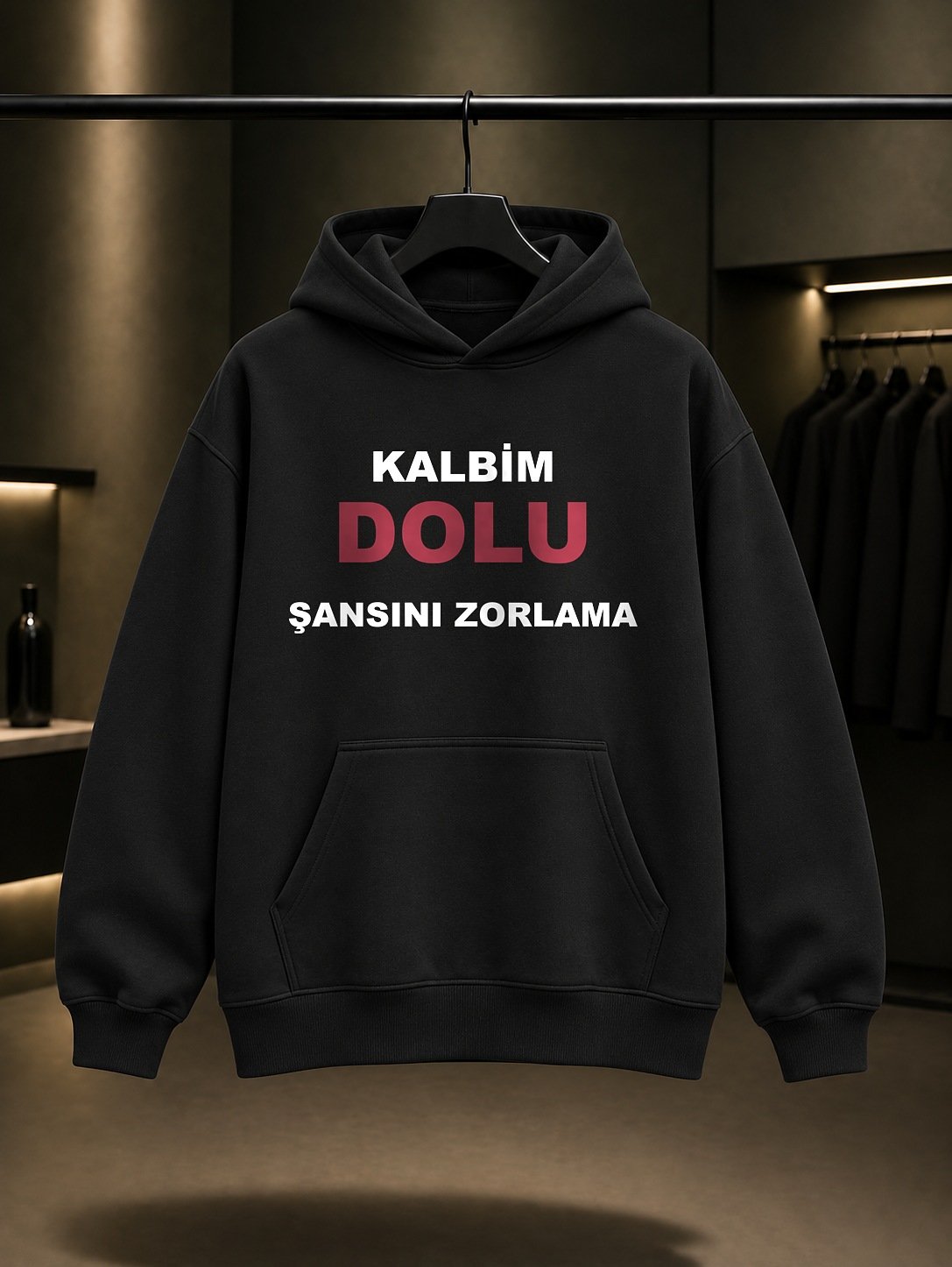 Kalbim Dolu Şansını Zorlama Baskılı Unisex %100 Pamuk Kapüşonlu Sweatshirt — Siyah
