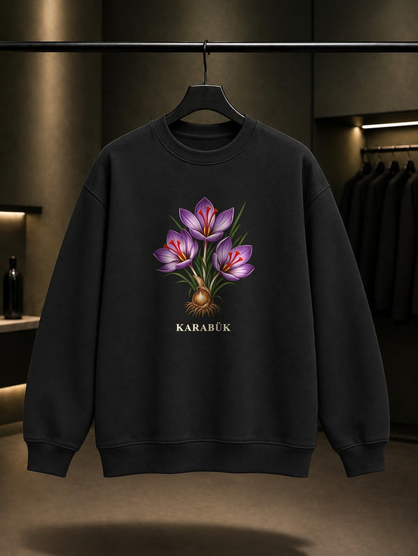 Karabük Safran Çiçeği baskılı siyah sweatshirt