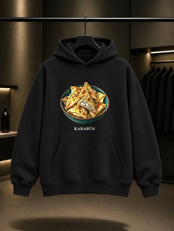 Karabük Perohi baskılı siyah kapüşonlu sweatshirt