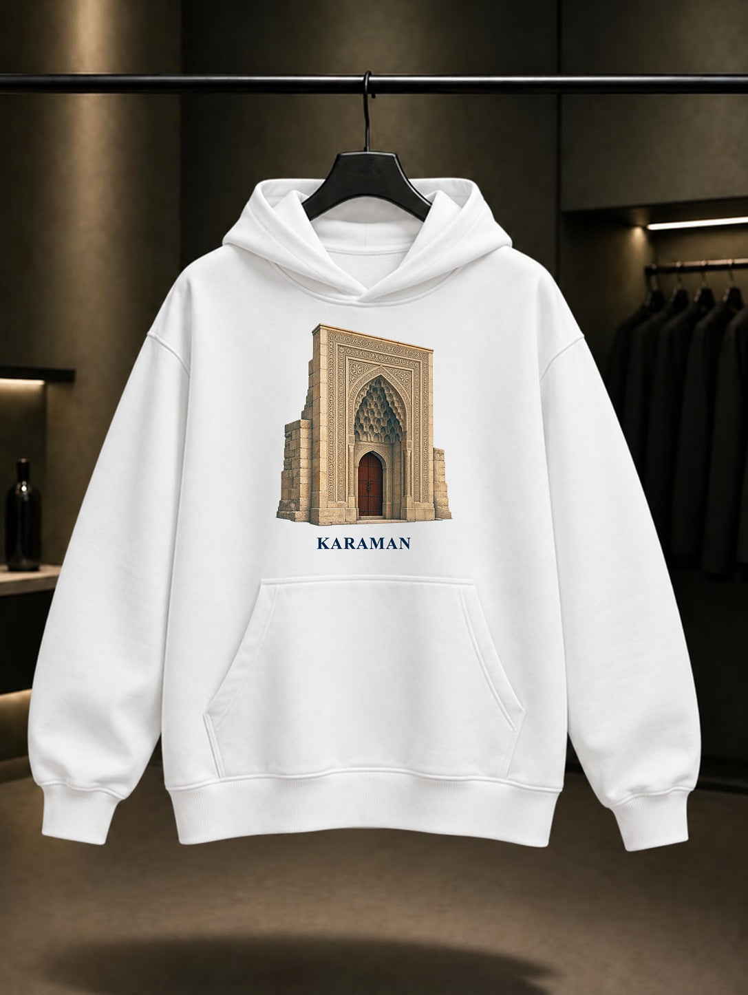 Karaman Hatuniye Taçkapı baskılı beyaz kapüşonlu sweatshirt