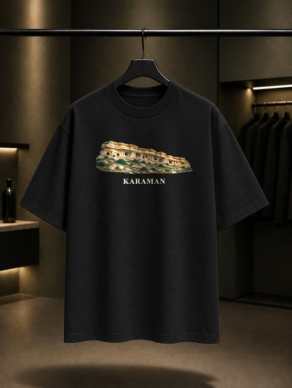 Karaman Manazan Mağaraları baskılı siyah t-shirt