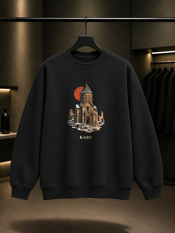 Kars Ani Ören Yeri baskılı siyah sweatshirt