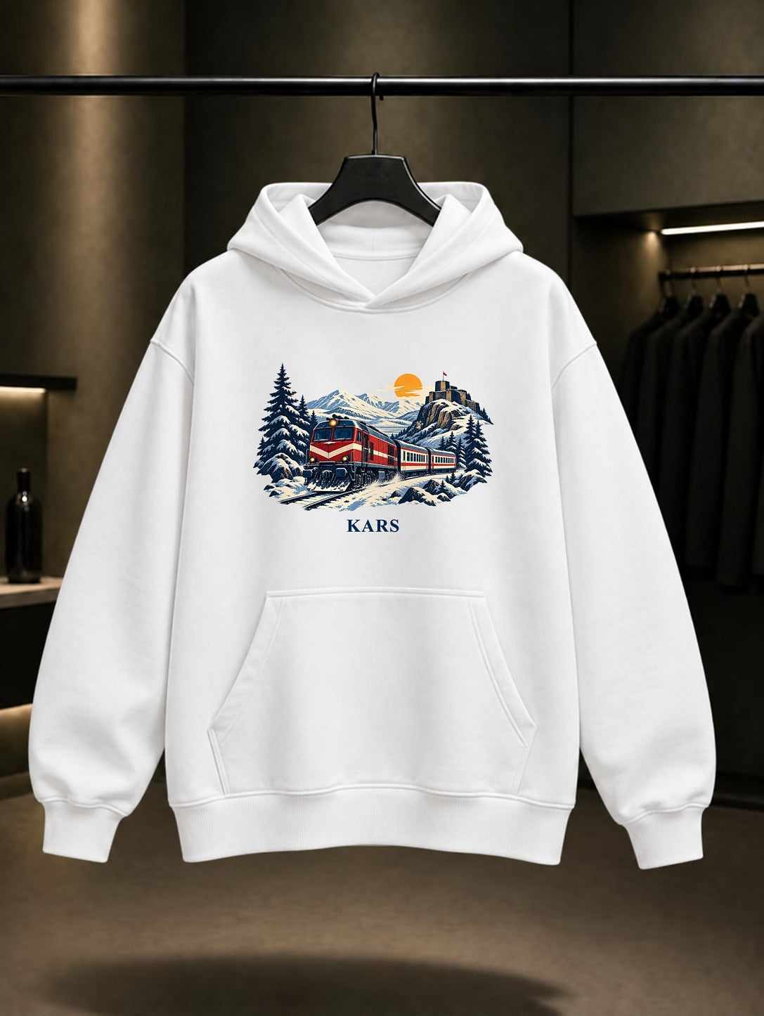 Kars Doğu Ekspresi baskılı beyaz kapüşonlu sweatshirt
