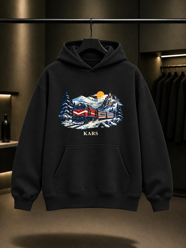 Kars Doğu Ekspresi baskılı siyah kapüşonlu sweatshirt