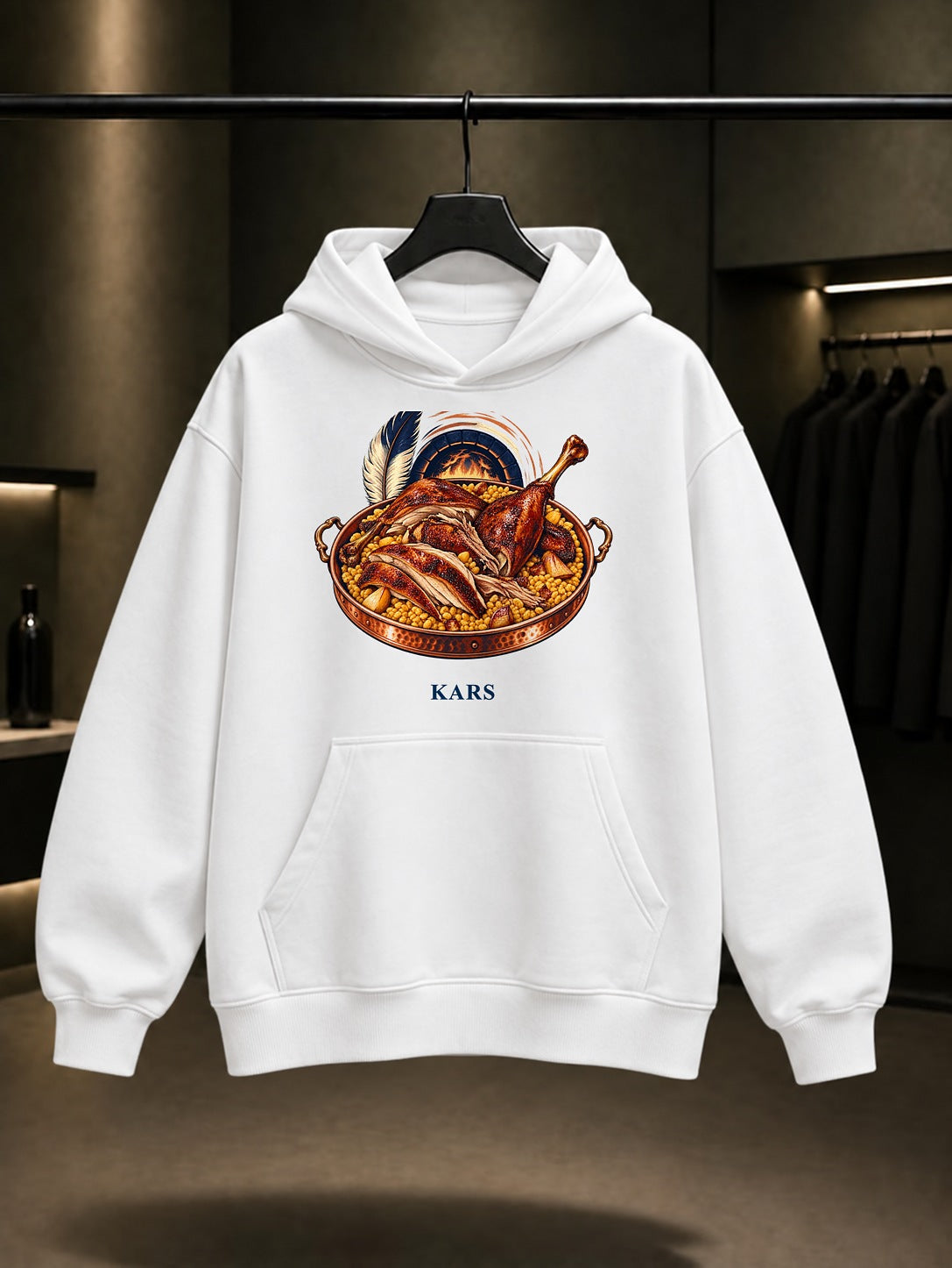 Kars Kaz Eti baskılı beyaz kapüşonlu sweatshirt