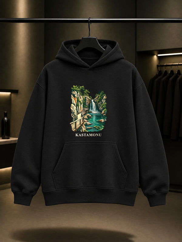 Kastamonu Horma Kanyonu Ilıca Şelalesi baskılı siyah kapüşonlu sweatshirt