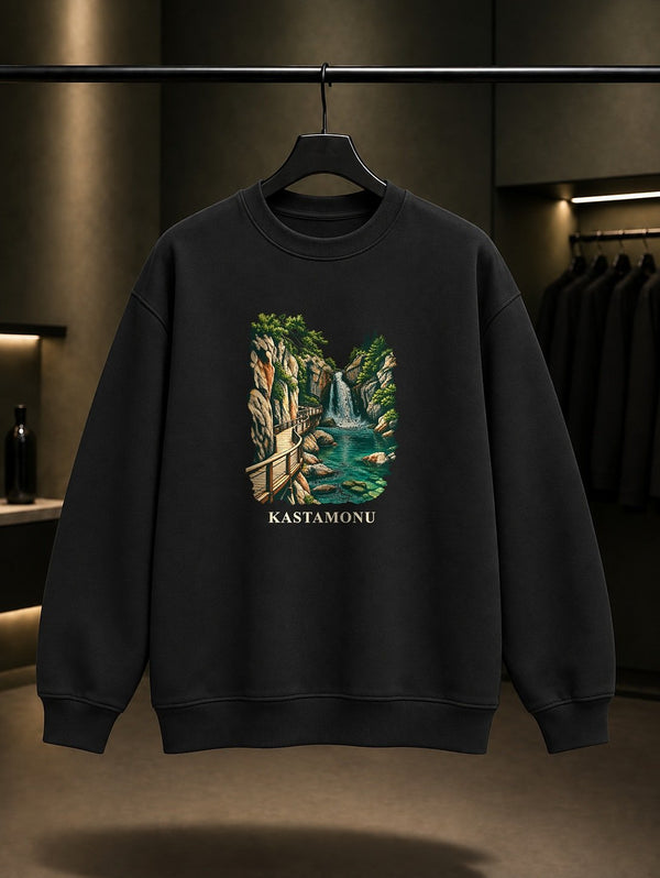 Kastamonu Horma Kanyonu Ilıca Şelalesi baskılı siyah sweatshirt