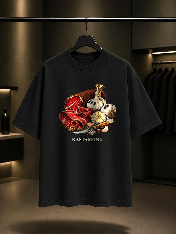 Kastamonu Pastırma Taşköprü Sarımsağı baskılı siyah t-shirt