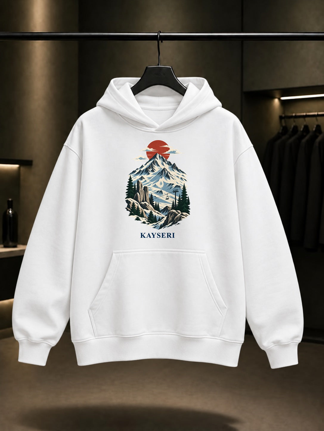 Kayseri Erciyes Dağı baskılı beyaz kapüşonlu sweatshirt