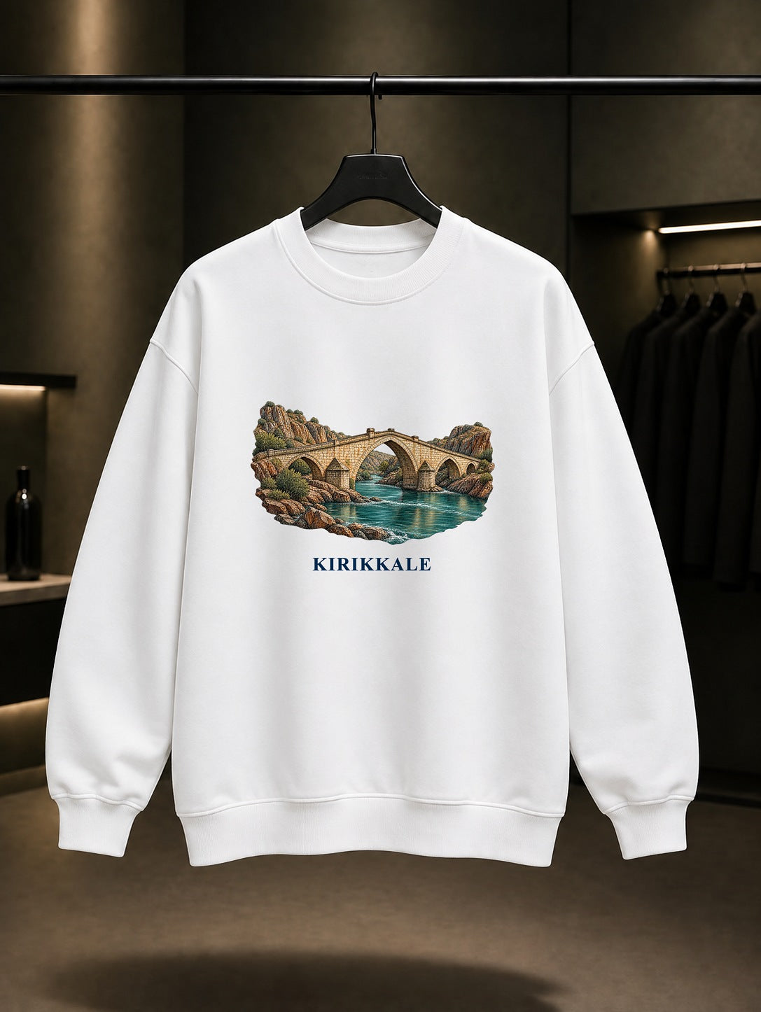 Kırıkkale Çeşnigir Köprüsü baskılı beyaz sweatshirt