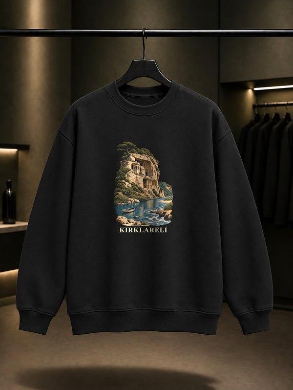 Kırklareli Kıyıköy Aya Nikola baskılı siyah sweatshirt