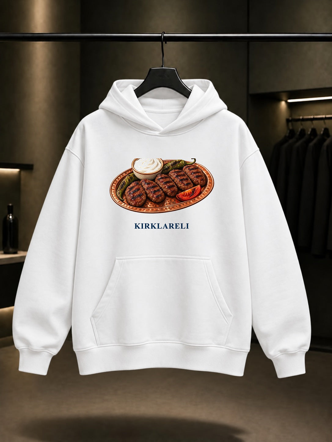 Kırklareli Izgara Köftesi baskılı beyaz kapüşonlu sweatshirt
